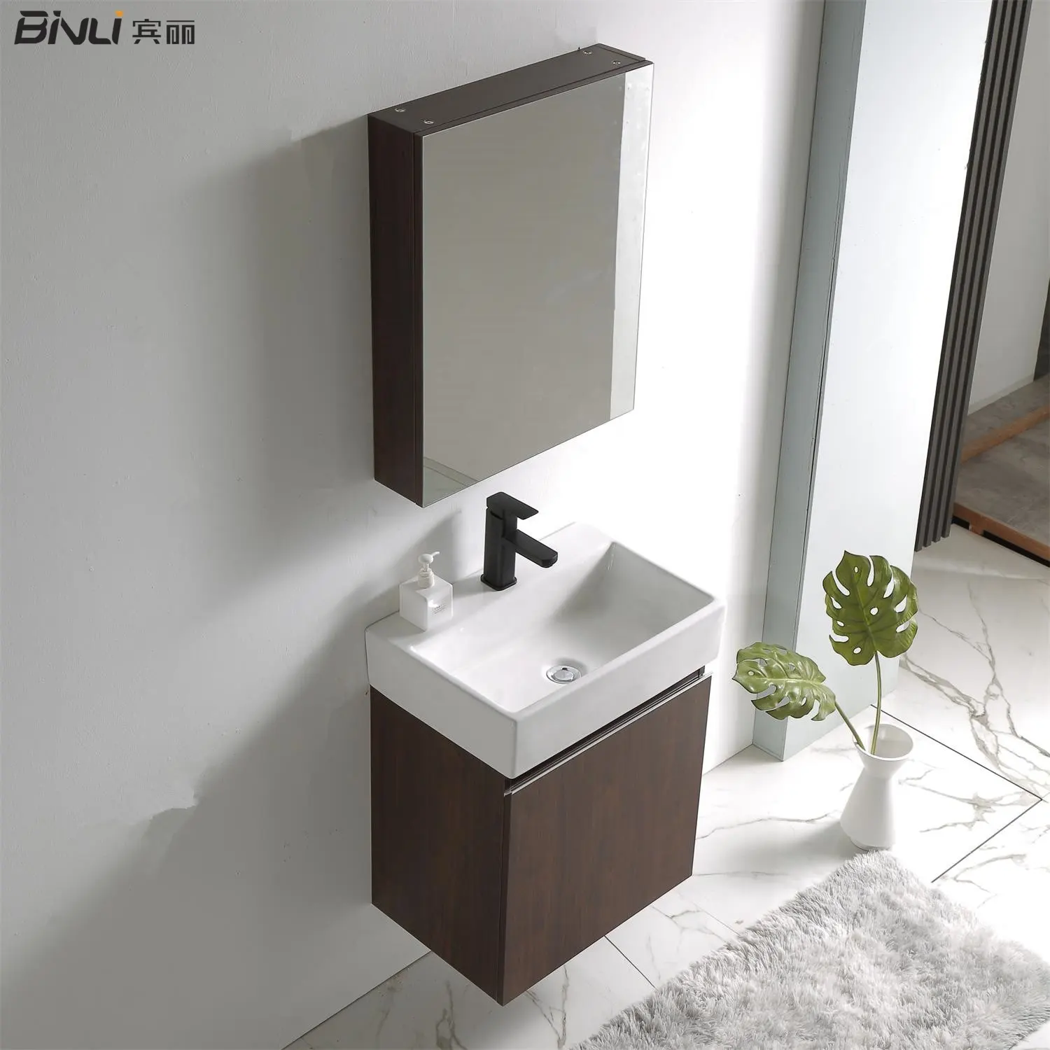 50CM Hand Wash Ceramic Art Basin Small Walnut Color Wooden Panel Bathroom Cabinet Vanity Set With Mirror For Hotel Villa