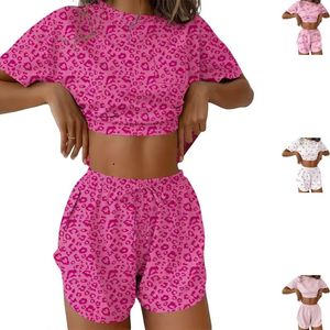 Pyjama pour femmes, respirant, imprimé léopard, tendance, doux, en viscose/polyester, haut à manches courtes, taille élastique - Product Image 1