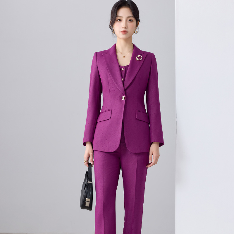 Purple suit flared trousers brooch