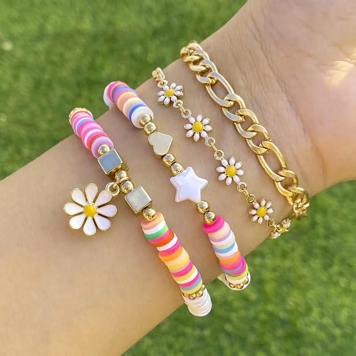 2022 Fashion Bohemia Colorful Soft Pottery Beads Figaro Chain Daisy Flower Star Lovely Girl Accessories Bracelet Set Jewelry