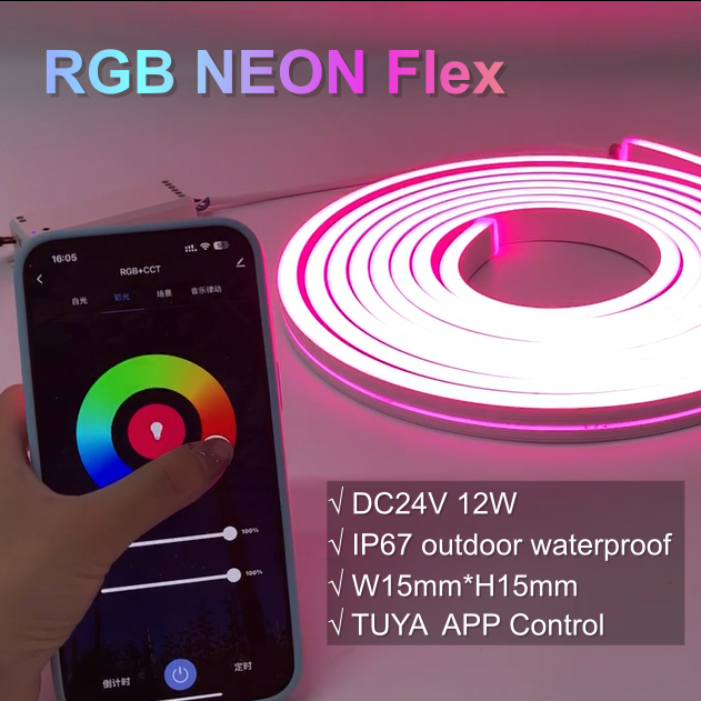 TUYA APP Control RGB Neon Flex 15*15mm IP67 Outdoor Waterproof Silicon LED Strip Light DC24V 12W for Facades/Rooms/Retails