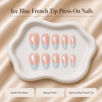 Y151 Kaixin Faux ongles à presser, bleu glace, French manucure, effet œil de chat, bleu intérieur, bord français, forme amande, finition brillante, Nail Art