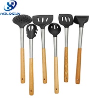 Lot de 11 ustensiles de cuisine en silicone antiadhésif résistant à la chaleur avec poignée en bois pour la cuisine à domicile