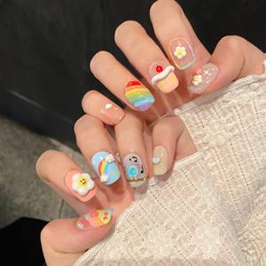 Uñas Postizas Cortas Cuadradas Ovaladas Hechas a Mano, Color Caramelo, Diseño 3D de Flores, Arcoíris, Pájaros y Corazones, Uñas Postizas Reutilizables y Lindas al por Mayor - Product Image 3