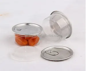 50ml 100ml 200ml empty clear pet plastic tuna dry food flower cans with easy pull ring aluminum lid-sealing machine