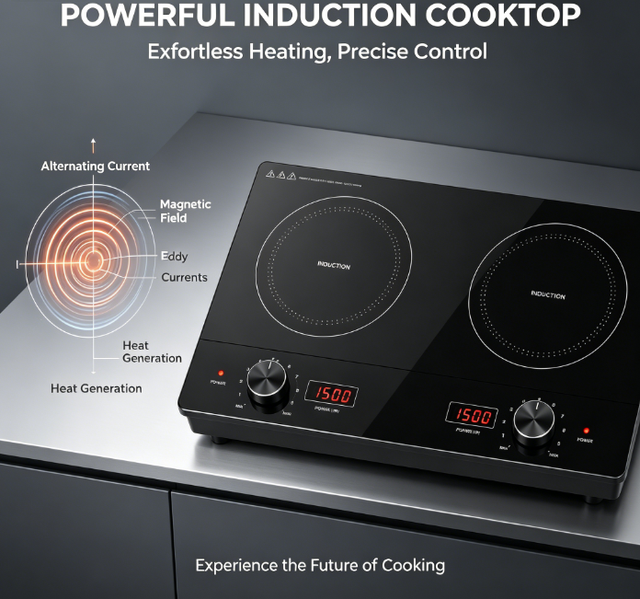 2000W+2000W Double Induction Cooktop with Knob Control, Digital Display, Black Glass, Countertop & Portable
