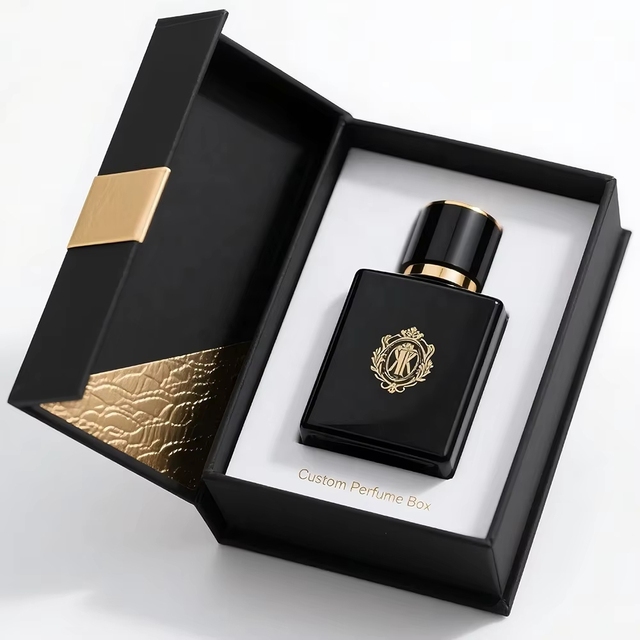 Luxury Black Magnetic Perfume Gift Box Biodegradable Soy Ink Reusable FSC-Certified Sponge Liner Cosmetic Bottle Packaging
