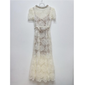 Abito da Sera <span class=keywords><strong>Lungo</strong></span> in Pizzo 2026 Moda Primaverile Donna Decorazione con Perline Motivo Floreale in Pizzo Manica Corta Bianco <span class=keywords><strong>Nero</strong></span> Abito Aderente - Product Image 1