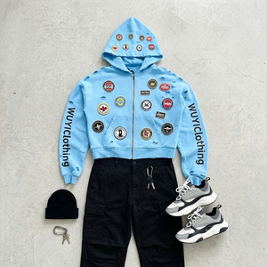 Blouson à capuche zippé pour homme bleu clair multi-patchs tendance 2026, style vintage déchiré, streetwear, esthétique Y2K Cyber - Product Image 2