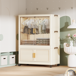Installation-free <strong>Foldable</strong> Modular Plastic <strong>Wardrobe</strong> with Magnetic Ribbed Doors &amp; Casters Stackable Portable Clothes Cabinet - Product Image 5