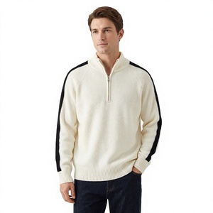 Suéter de punto para hombre con bloques de color, cuello simulado acanalado, manga larga, hombros caídos y cremallera de un cuarto, transpirable por delante - Product Image 1