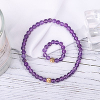Nouveauté été : Bracelet extensible et bague en améthyste de 4 mm style resort pour femme avec perles en cuivre – Cadeau