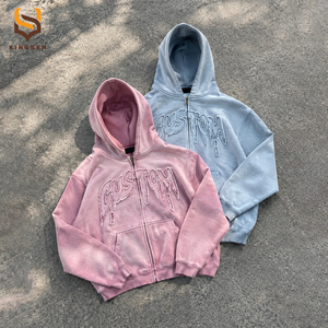 Customized Logo Vintage Washed Embroidered Patch Applique <b>Zip</b> <b>up</b> <b>Hoodie</b> 100%Cotton Boxy Fit Streetwear <b>Zip</b> <b>up</b> <b>Hoodie</b> - Product Image 2