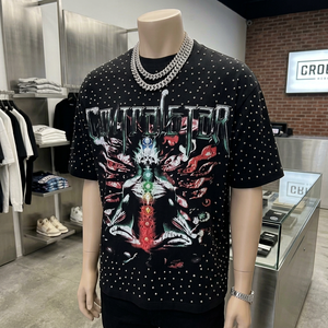 Camiseta Negra Oversize para Hombre, 100% Algodón, con Estampado Gráfico Rain Stone, Cuello Redondo, Manga Corta, Estilo Urbano, Secado Rápido, con Pedrería - Product Image 1