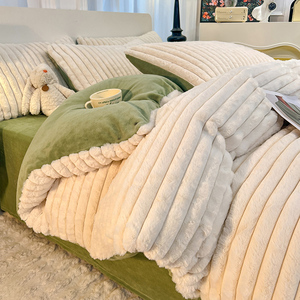 4Pcs Hiện Đại Giả Thỏ Lông Sọc Lông Cừu Tấm Ga Giường Đặt 400TC Mùa Đông Comforter Cho Ấm Phòng Ngủ Sữa Nhung Phong Cách Di Động - Product Image 2