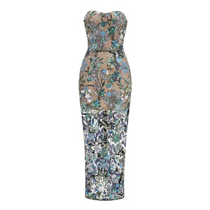 Robe longue bustier en maille brodée florale à sequins pour femme - Robe moulante transparente superposée tendance - Product Image 4