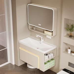 Factory Minimalist <b>Wall</b>-Mounted Bathroom Vanity with LED Smart <b>Mirror</b> Cabinet Ceramic Basin 60-Inch White MDF Hospital Use - Product Image 3