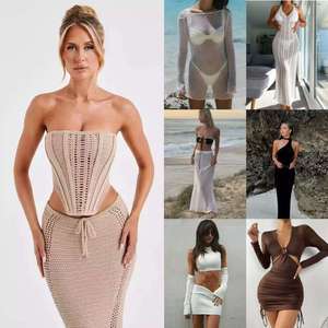 Conjunto de dos piezas de punto para <span class=keywords><strong>mujer</strong></span> con cordones en la espalda y detalles de ganchillo, minifalda y top bikini con ombligo expuesto, a bajo precio y en stock. - Product Image 1