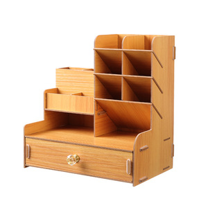 Organisateur de papeterie de bureau en bois avec tiroir, porte-stylos multifonctionnel, support de rangement pour le bureau et l'école - Product Image 3