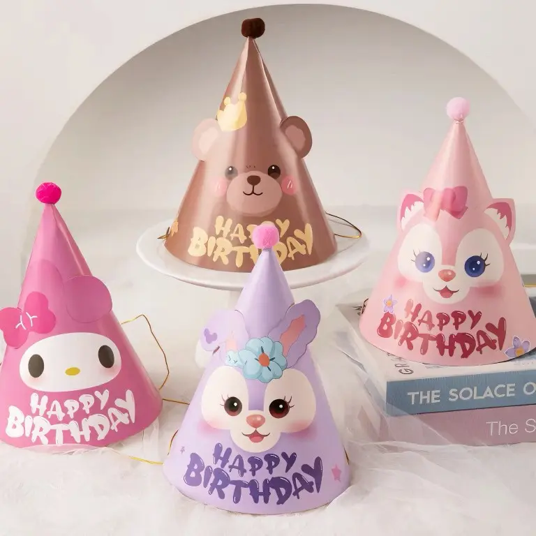 IMEE Multi-Colors Children Happy Birthday Decoration Supplies Disposable Birthday Plush Ball Paper Hats Party Favor