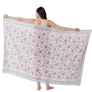 Pareo de Algodón con Estampado Artesanal Verde Océano y Rosa para Mujer, Ligero, para Bikini, Playa y Resort - Product Image 1