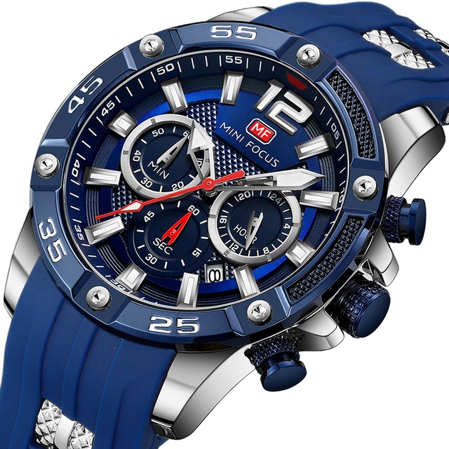 MINIFOCUS Waterproof Quartz Blue Silicone Strap Watch Relogio Masculino