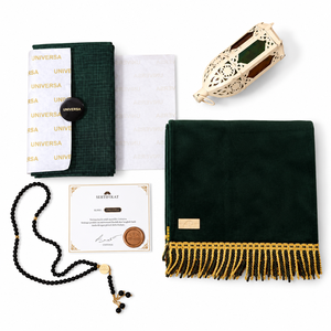 Set de Regalo de Adoración Modesto para Hombre con Tapete de Oración, Sarong de Lino, Tasbih de Acero con 99 Cuentas, Listo para Eid, Caja Premium en Verde - Product Image 3