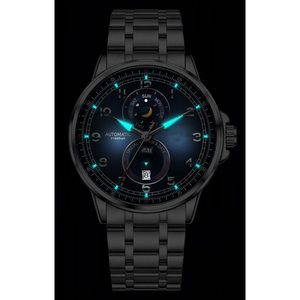 Montre mécanique automatique pour hommes, calendrier des phases lunaires, cadran analogique en cristal, montre-bracelet en acier inoxydable, résistante à l'eau 3BAR - Product Image 5