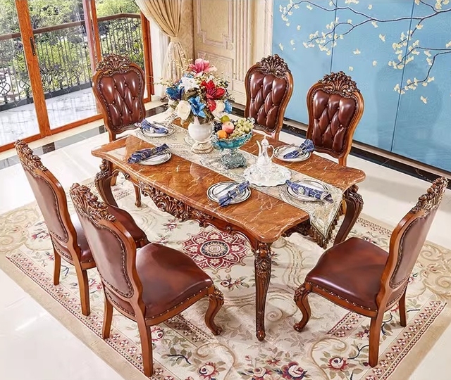 European Style Dining Table and Chairs Set for 6 People Rectangular Marble Solid Wood Restaurant Home Dining Table Luxury Set