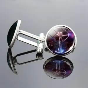 New High Quality 12 Constellations Cuff Links 12 Zodiac Signs Glass Cabochon Alloy Cuff Links for Men Birthday Gifts