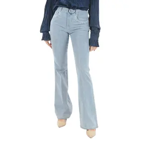 定制女孩牛仔裤刺绣设计紧身喇叭裤浅蓝色牛仔裤女裤