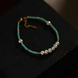 WENCHI Natural Seedless Freshwater Pearl <b>Beaded</b> Turquoise <b>Bracelet</b> Fine Jewelry 16cm+3cm Adjustable Copper Plated 14k <b>Gold</b> - Product Image 2