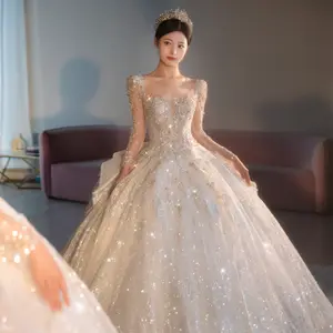 婚纱新娘2022新款重工拖尾长袖法国冬季高品质纹理亮片时尚婚纱