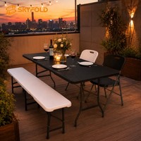 Ensemble de 3 bancs pliants en plastique HDPE au design moderne imitation bois, pour patio, balcon, camping, mobilier d'extérieur, salle de sport, table à bière