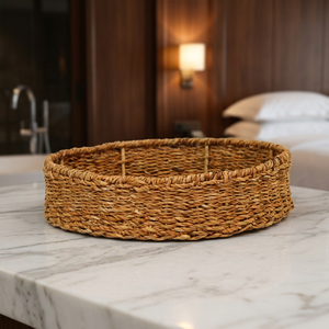 Plateau de service bohème résistant à la chaleur en jonc de mer naturel, éco-responsable et fait main |   Table basse avec panier de rangement peu profond en osier - Product Image 6