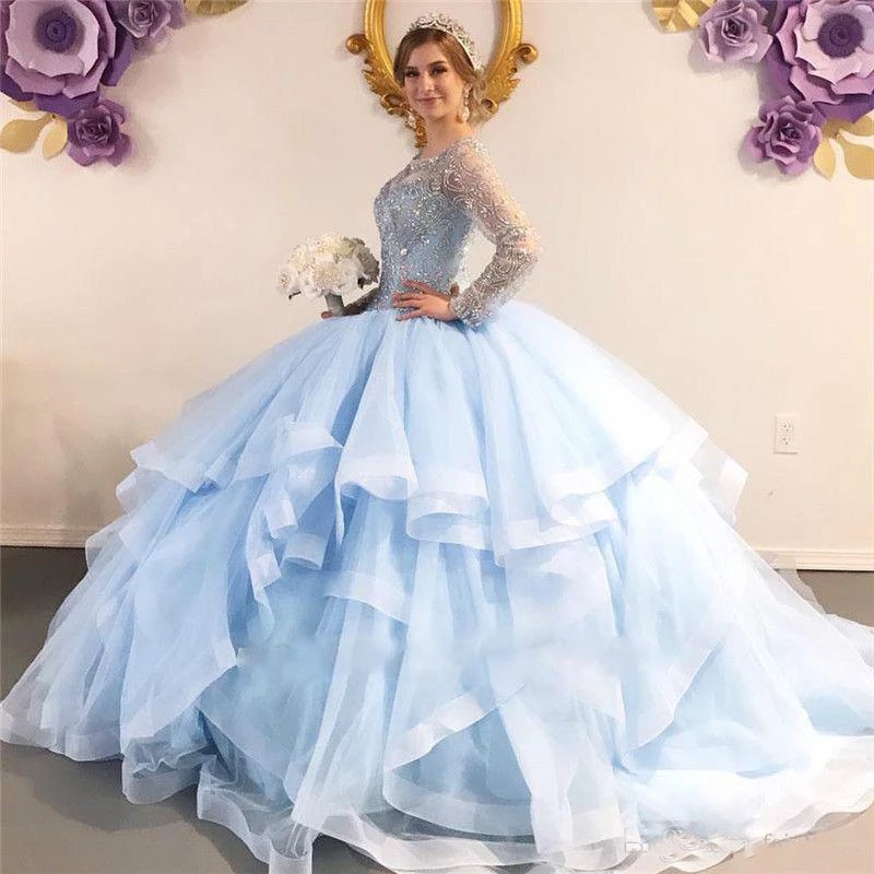 fitted lace wedding dress Fantasy Mexican Quinceanera Dresses,Long Sleeve Sweet 15 Dress – jkprom main image 1