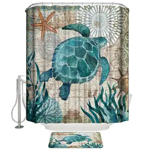 Sea Marine Animal Tortoise Turtle on Rustic Wooden Plank Coastal Beach Polyester Fabric Turtle Shower Curtain for Bathroom