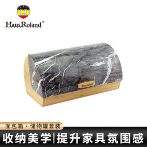 HausRoland Bamboo Bread <b>Box</b> Gray Marble Top Wood Base Kitchen <b>Storage</b> Container For Bread And Pastries - Product Image 4