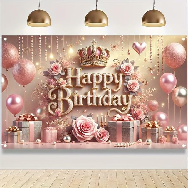 Pink Gold Crown Girl Birthday Photography Backdrop Rose Balloon Gift Background Baby Shower Party Banner Customizable