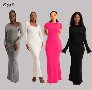2025 Bekleidungs hersteller für benutzer definierte gestickte Logo Frauen Party kleid Baumwolle gerippt dünn langärmlig Frauen Freizeit kleider - Product Image 1