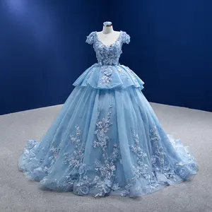 Vestido de noche de encaje bordado 3D de cristal, personalizado, con patrón Floral, azul