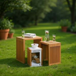 Teak Outdoor Garden <b>Side</b> <b>Table</b> <b>Set</b> 3 Piece Contemporary Wood Patio Furniture for Outdoor Use - Product Image 2