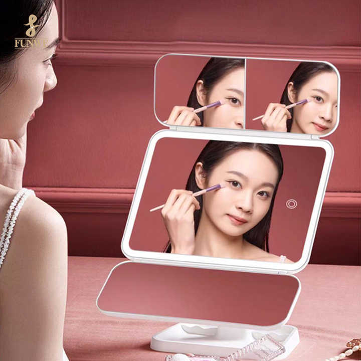 Venta al por mayor de fábrica, espejo de maquillaje de viaje con luz Led, espejo de maquillaje de escritorio triple magnificado con luces