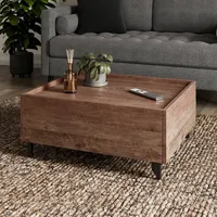 Table basse en forme de L, placage en noyer, compartiment ouvert, pieds industriels, meubles de salon minimalistes