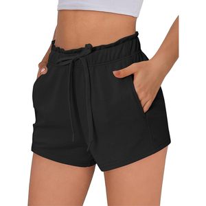 FOXA Womens Shorts Black High Waist <b>Drawstring</b> With Pockets Breathable Cotton Spandex Knitted Fabric For Casual Wear - Product Image 1