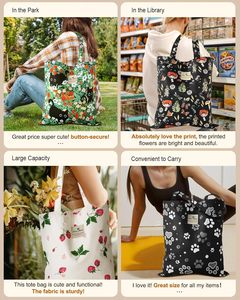 Borsa Tote in Cotone con Stampa Floreale e Gatto per Donne - Borsa a Spalla Riutilizzabile con Fibbia per Palestra, Viaggi e Lavoro - Product Image 2