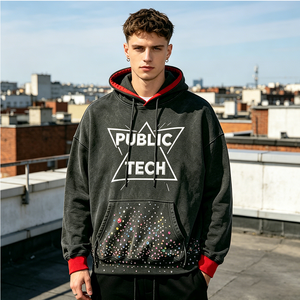 Customization Drawstring Premium Pullover Flat Embroidery Rhinestone 100% Cotton Acid <b>Wash</b> 450gsm OEM Letters Hoodies for Men - Product Image 3