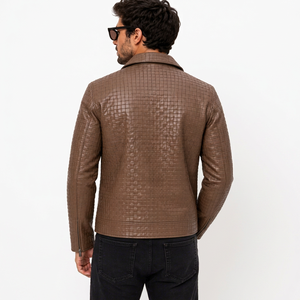 High End Unisex Genuine Cow <b>Leather</b> Eco-Friendly Windproof <b>Winter</b> <b>Jacket</b> Intrecciato Basket Weave Embossed Designer Streetwear - Product Image 1
