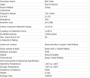 Разъем <span class=keywords><strong>BNC</strong></span> (папа) DC~3 ГГц, 50 Ом, для коаксиального кабеля RG316, никелированный, коаксиальный RF-разъем - Product Image 4