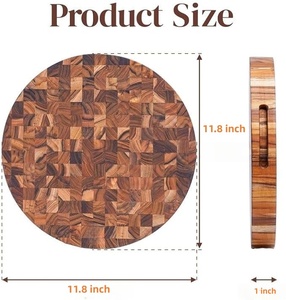 <span class=keywords><strong>Planche</strong></span> à découper ronde en bois de teck à grain traversant avec poignée intégrée, bloc de découpe en bois robuste pour la préparation des repas en cuisine - Product Image 2